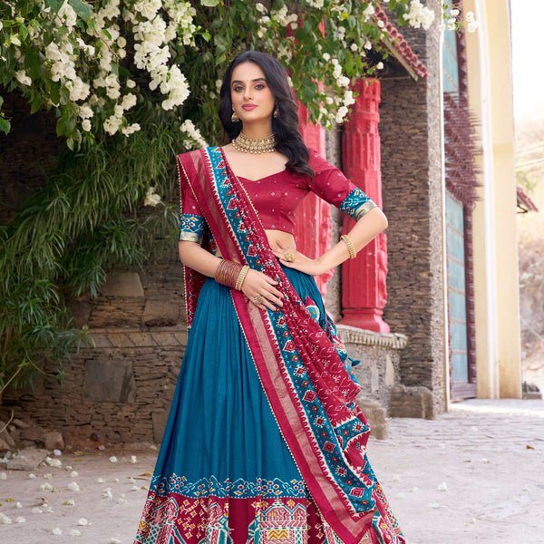 Lorenvalley Fashion Teal Tussar Silk Patola Printed With Foil Work Lehenga Choli with Dupatta - Distacart