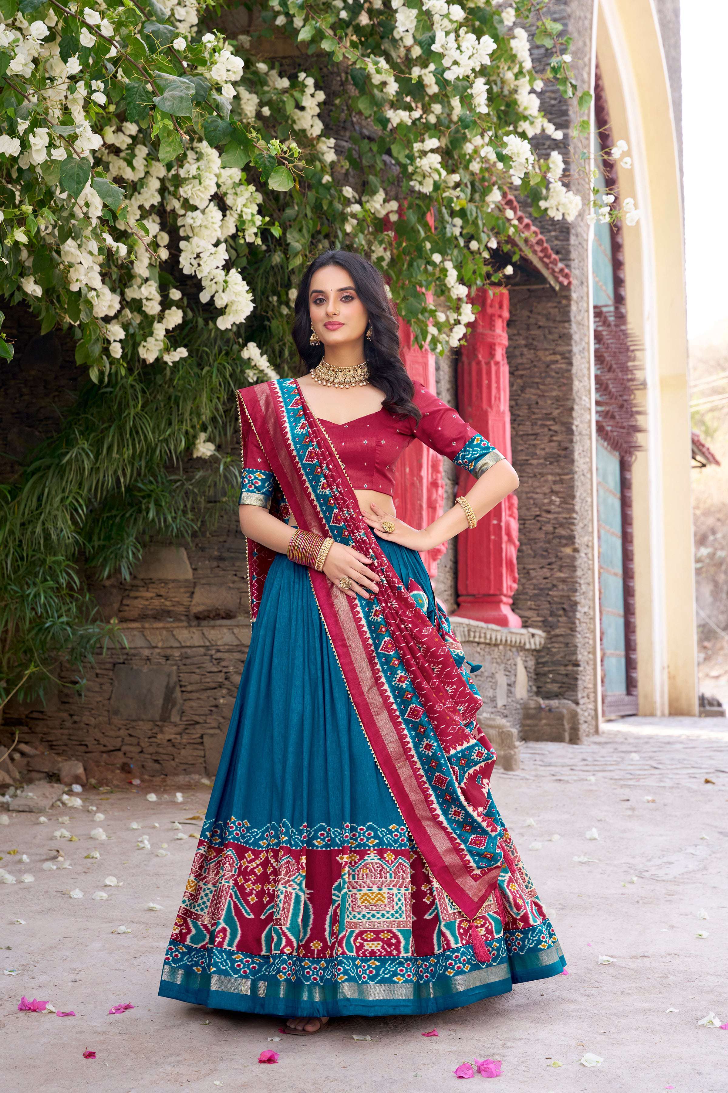 Lorenvalley Fashion Teal Tussar Silk Patola Printed With Foil Work Lehenga Choli with Dupatta - Distacart