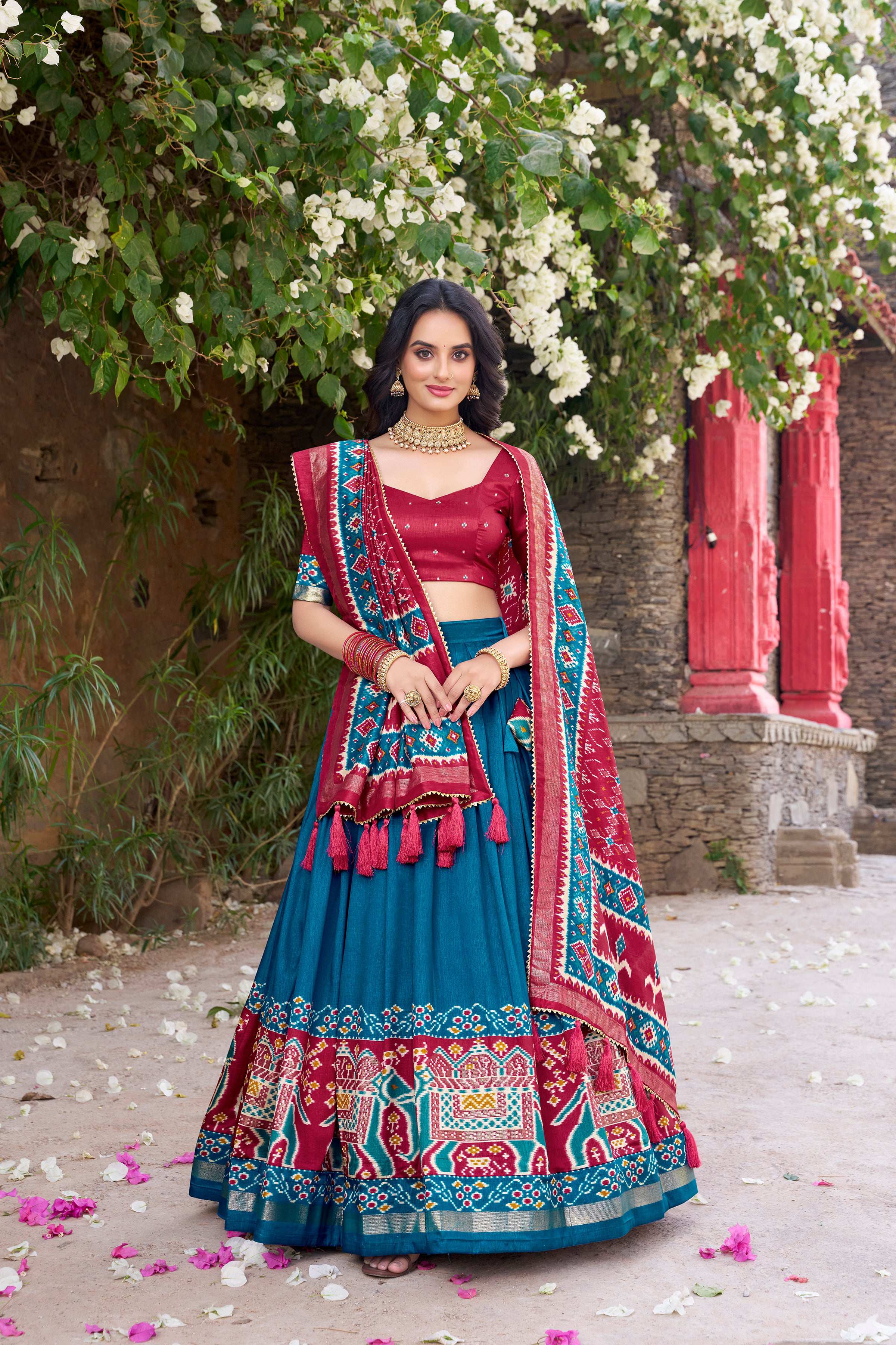 Lorenvalley Fashion Teal Tussar Silk Patola Printed With Foil Work Lehenga Choli with Dupatta