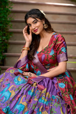 Thumbnail for Lorenvalley Lavender Dola Silk Kalamkari Print With Zari Weaving Border Lehenga Choli - Distacart
