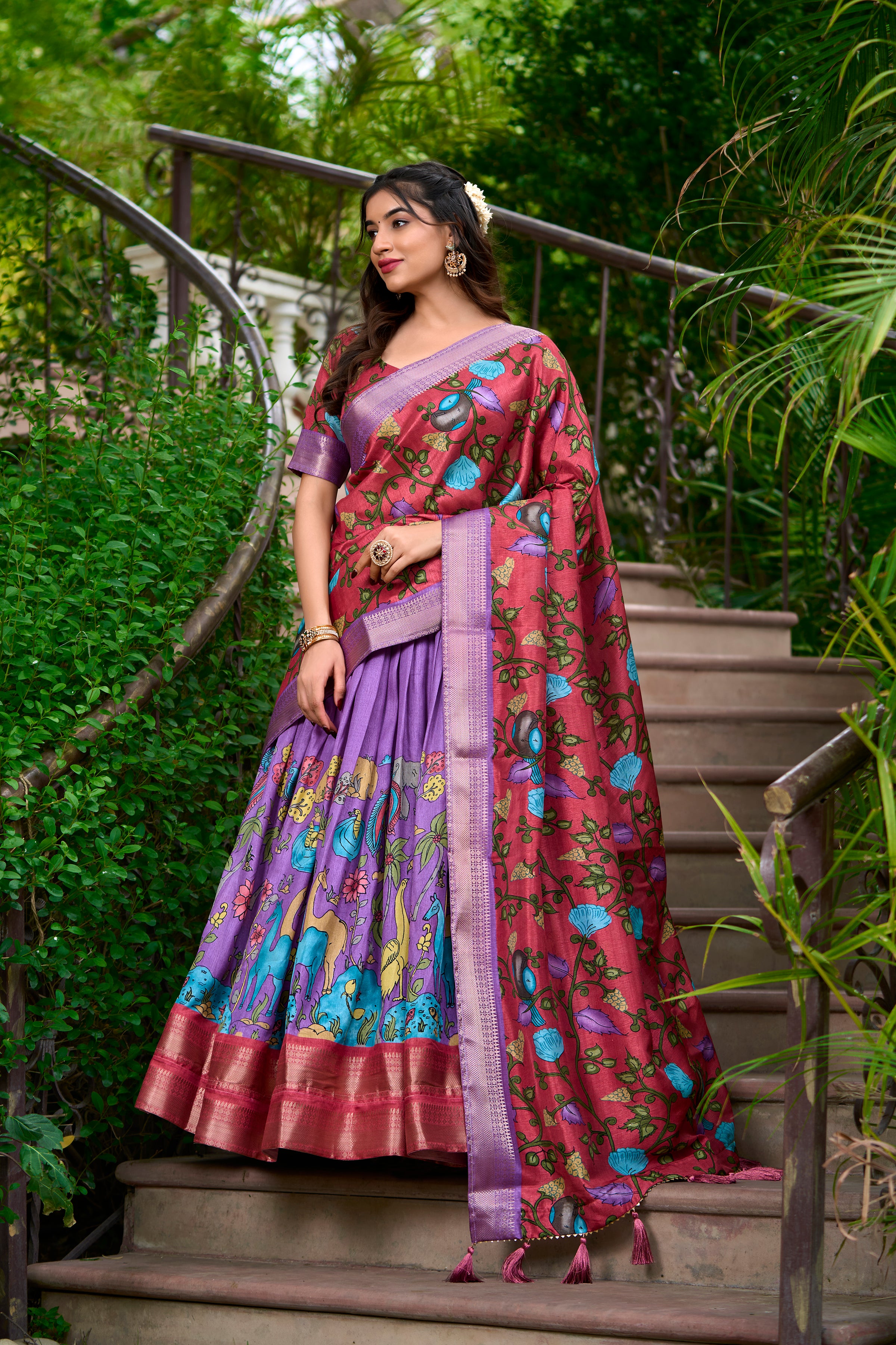 Lorenvalley Lavender Dola Silk Kalamkari Print With Zari Weaving Border Lehenga Choli - Distacart
