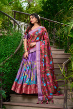 Thumbnail for Lorenvalley Lavender Dola Silk Kalamkari Print With Zari Weaving Border Lehenga Choli - Distacart