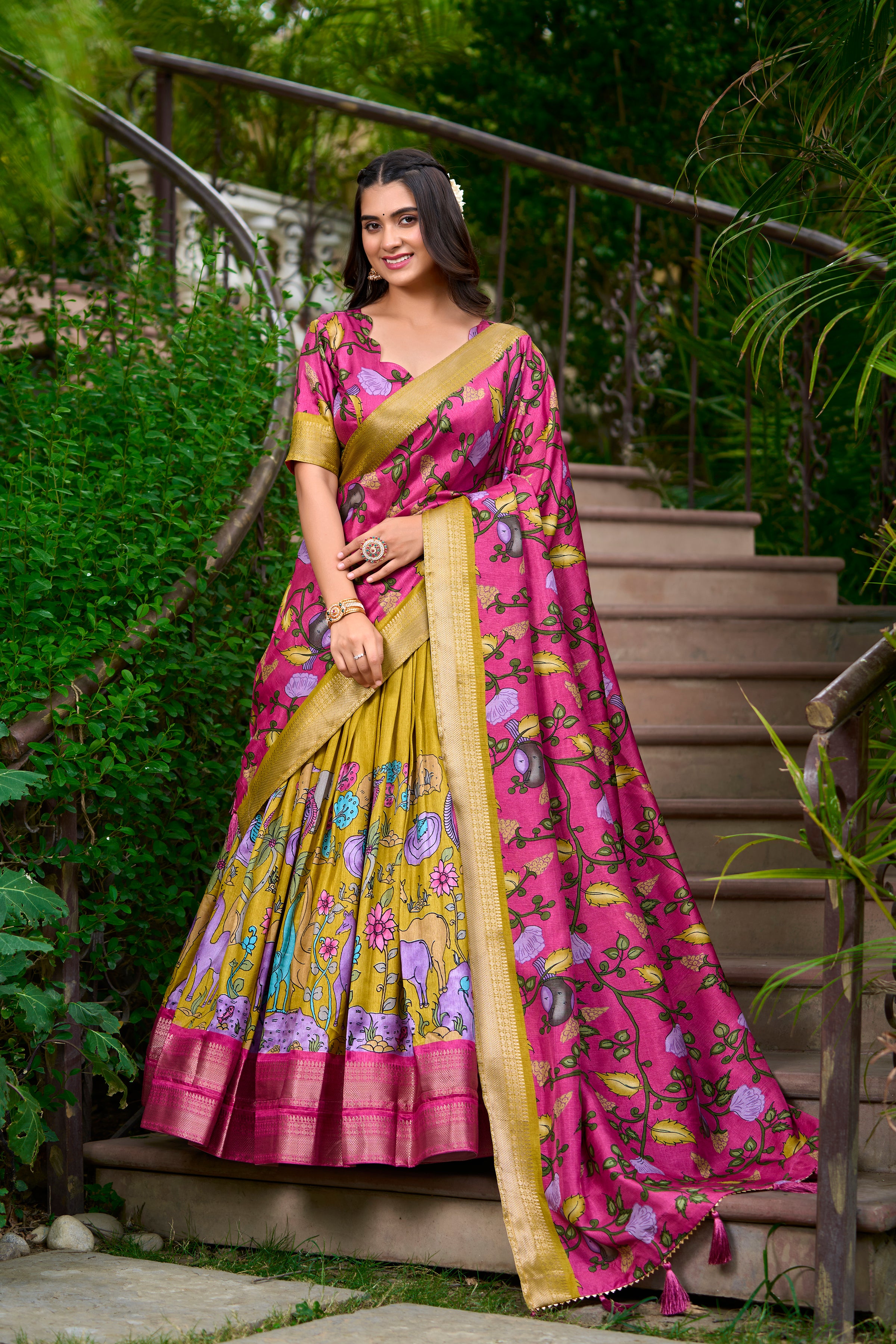 Lorenvalley Mustard Dola Silk Kalamkari Print With Zari Weaving Border Lehenga Choli - Distacart
