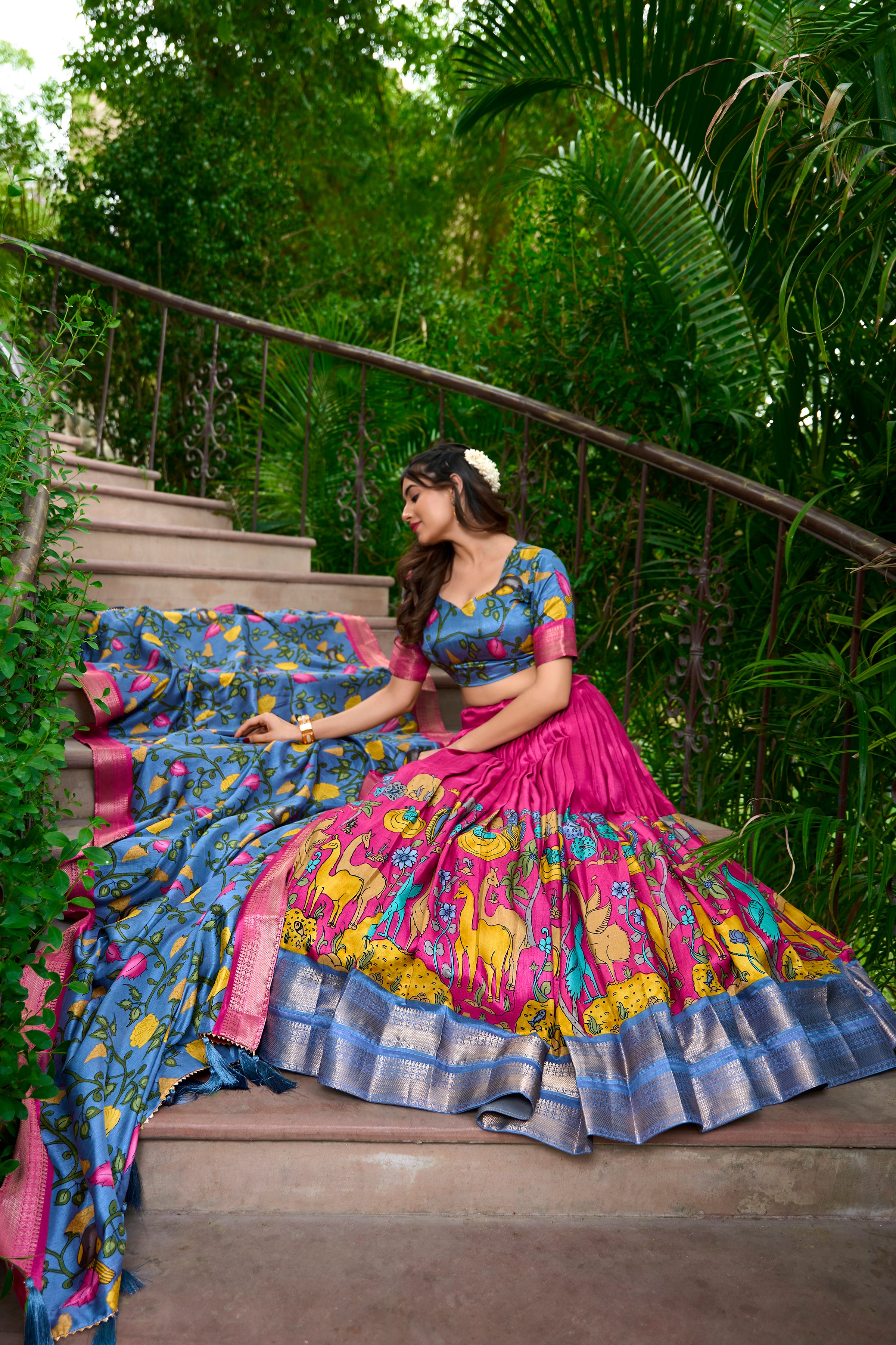 Lorenvalley Pink Dola Silk Kalamkari Print With Zari Weaving Border Lehenga Choli - Distacart