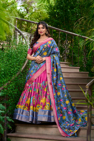 Lorenvalley Pink Dola Silk Kalamkari Print With Zari Weaving Border Lehenga Choli - Distacart
