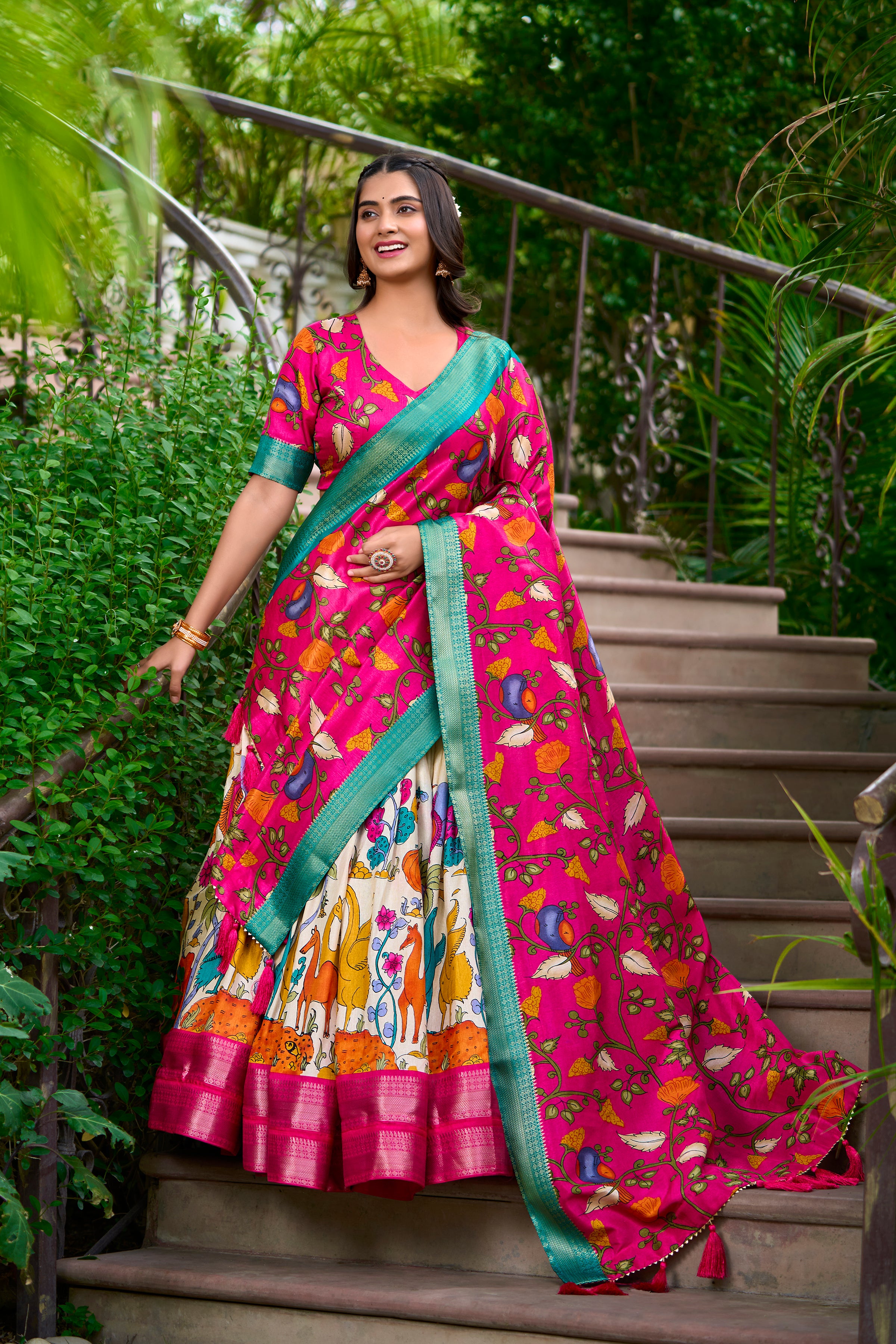 Lorenvalley Cream Dola Silk Kalamkari Print With Zari Weaving Border Lehenga Choli - Distacart