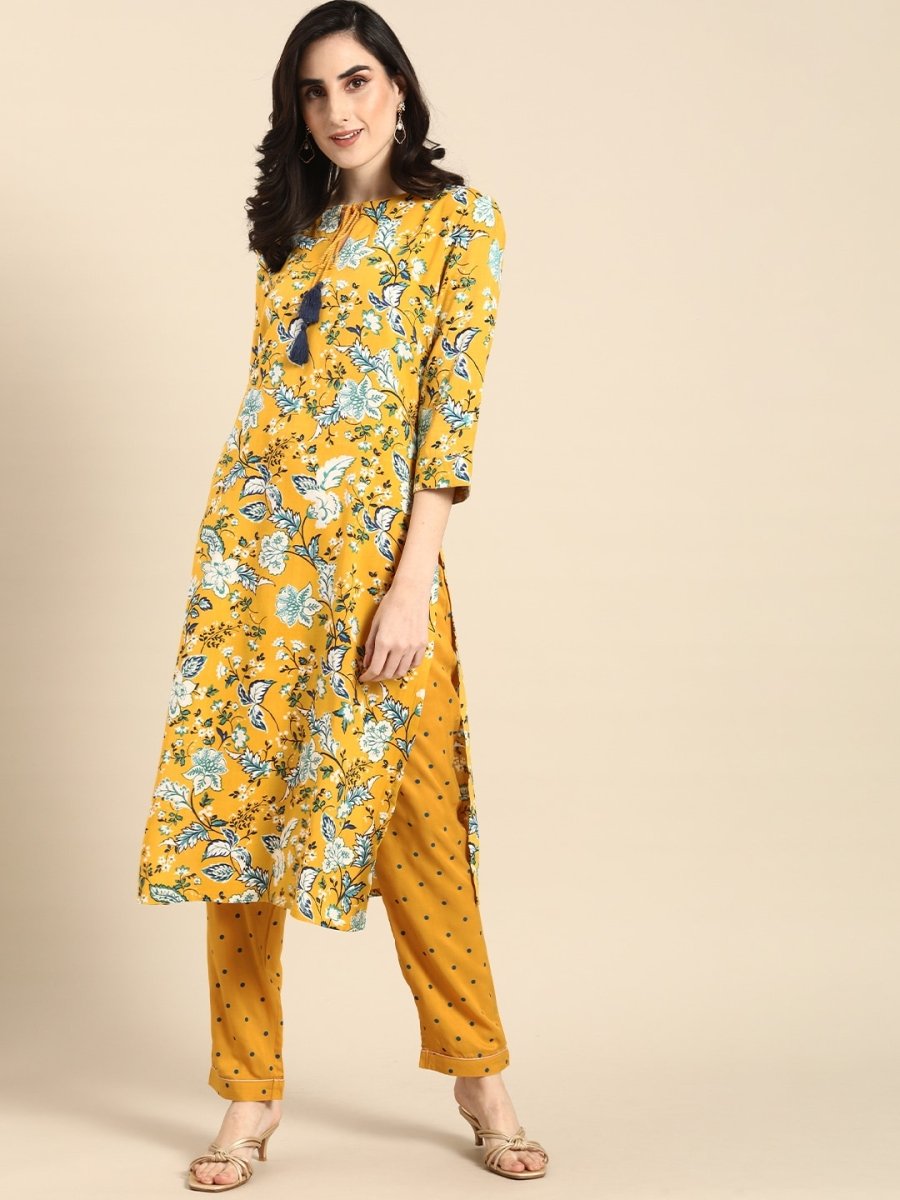 All About You Women Mustard Yellow & White Floral Printed Kurta with Trousers - Distacart