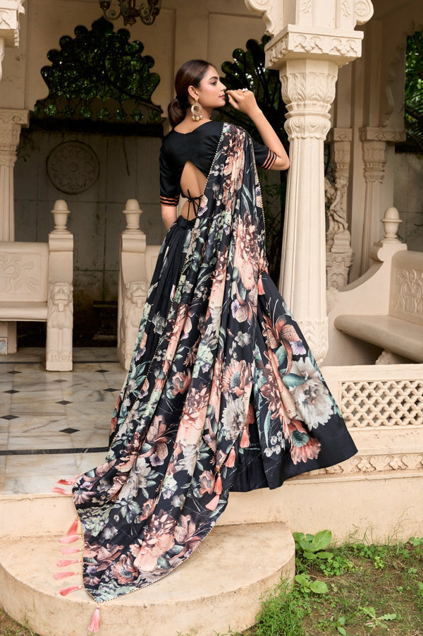 Lorenvalley Black Tussar Silk Floral Print with Lace Touch Up Lehenga Choli - Distacart