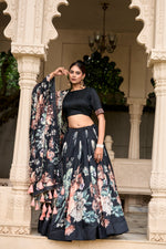 Thumbnail for Lorenvalley Black Tussar Silk Floral Print with Lace Touch Up Lehenga Choli - Distacart