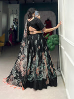 Thumbnail for Lorenvalley Black Tussar Silk Floral Print with Lace Touch Up Lehenga Choli - Distacart