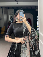 Thumbnail for Lorenvalley Black Tussar Silk Floral Print with Lace Touch Up Lehenga Choli - Distacart