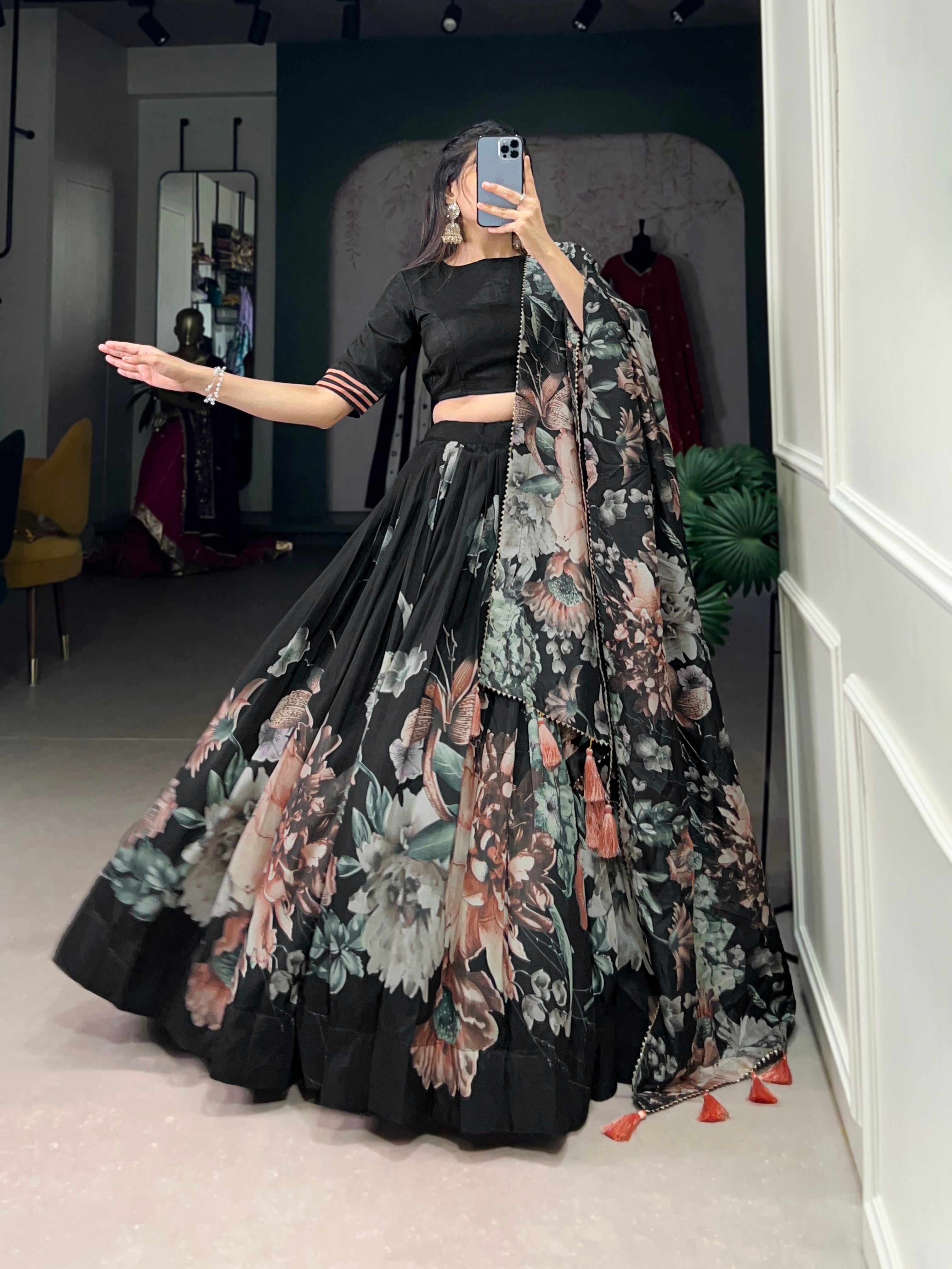 Lorenvalley Black Tussar Silk Floral Print with Lace Touch Up Lehenga Choli - Distacart