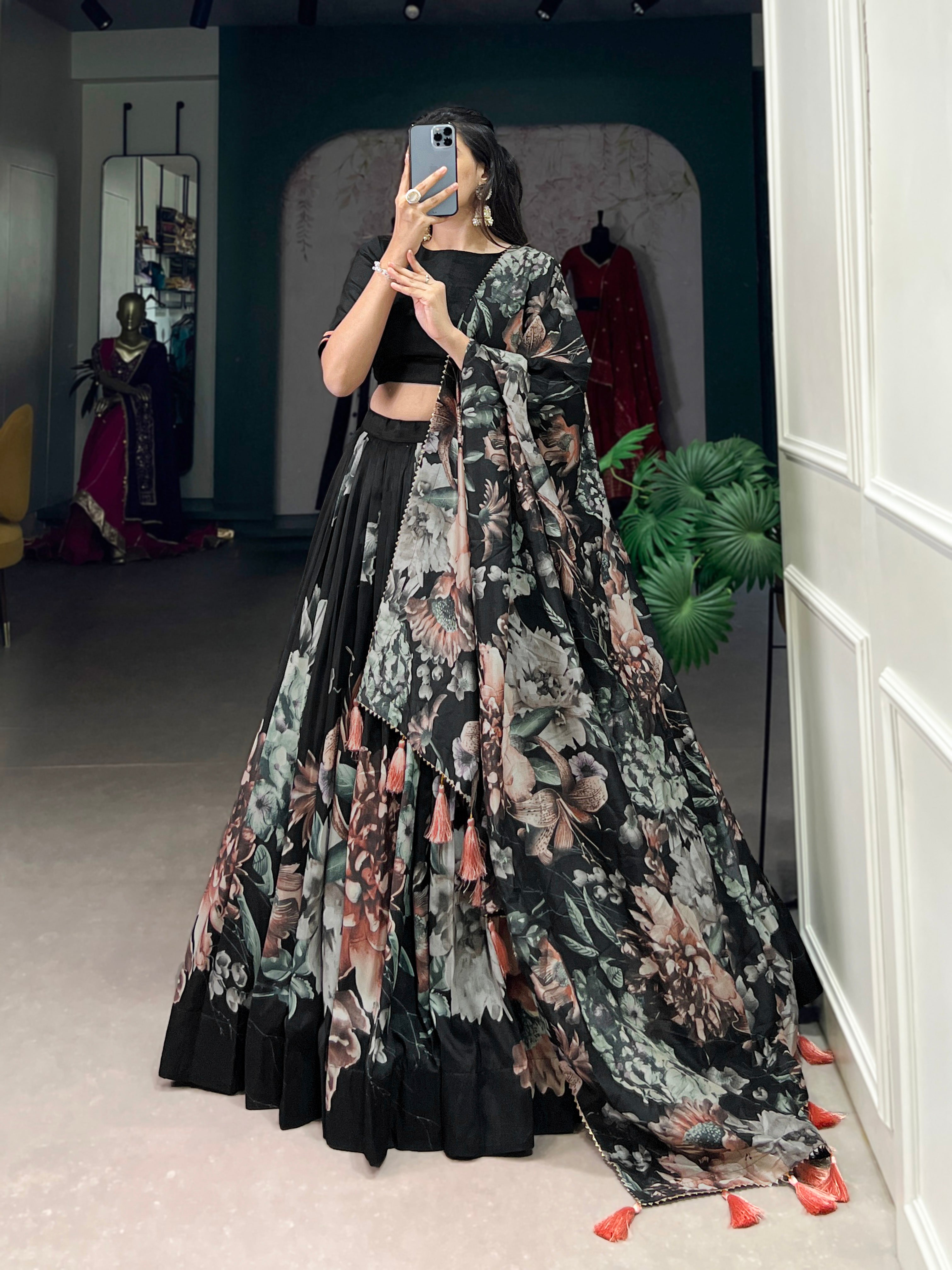 Lorenvalley Black Tussar Silk Floral Print with Lace Touch Up Lehenga Choli - Distacart