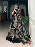 Thumbnail for Lorenvalley Black Tussar Silk Floral Print with Lace Touch Up Lehenga Choli - Distacart