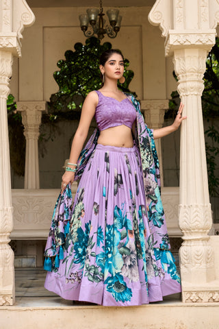 Lorenvalley Lavender Tussar Silk Floral Print with Lace Touch Up Lehenga Choli - Distacart