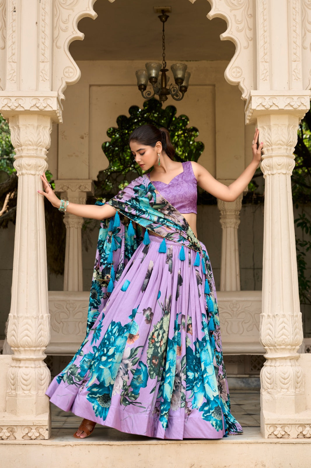 Lorenvalley Lavender Tussar Silk Floral Print with Lace Touch Up Lehenga Choli - Distacart