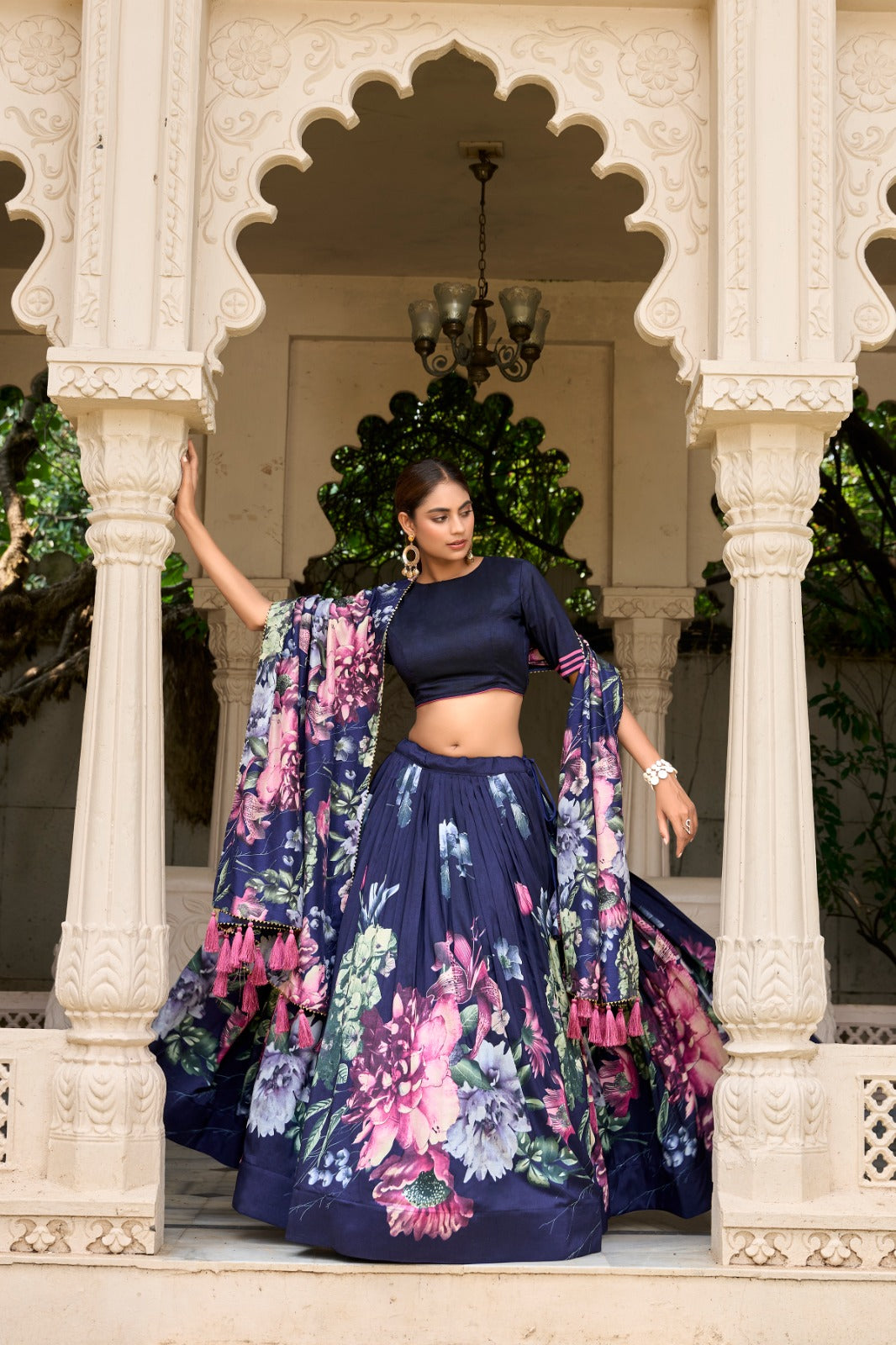 Lorenvalley Blue Tussar Silk Floral Print with Lace Touch Up Lehenga Choli - Distacart