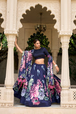 Thumbnail for Lorenvalley Blue Tussar Silk Floral Print with Lace Touch Up Lehenga Choli - Distacart
