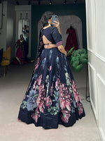 Thumbnail for Lorenvalley Blue Tussar Silk Floral Print with Lace Touch Up Lehenga Choli - Distacart