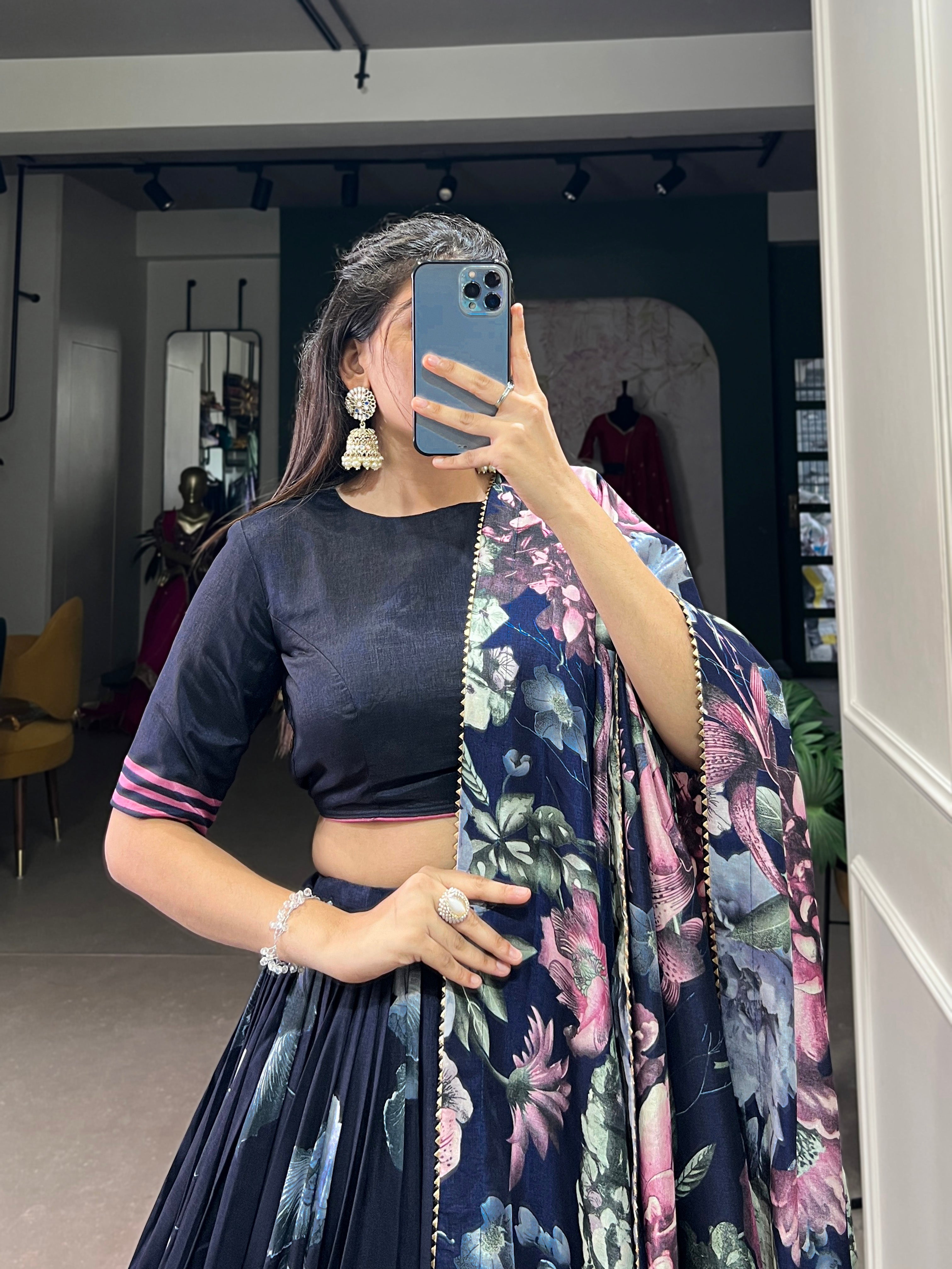 Lorenvalley Blue Tussar Silk Floral Print with Lace Touch Up Lehenga Choli - Distacart