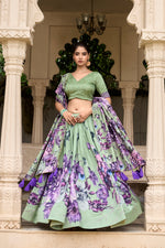 Thumbnail for Lorenvalley Pista Tussar Silk Floral Print with Lace Touch Up Lehenga Choli - Distacart