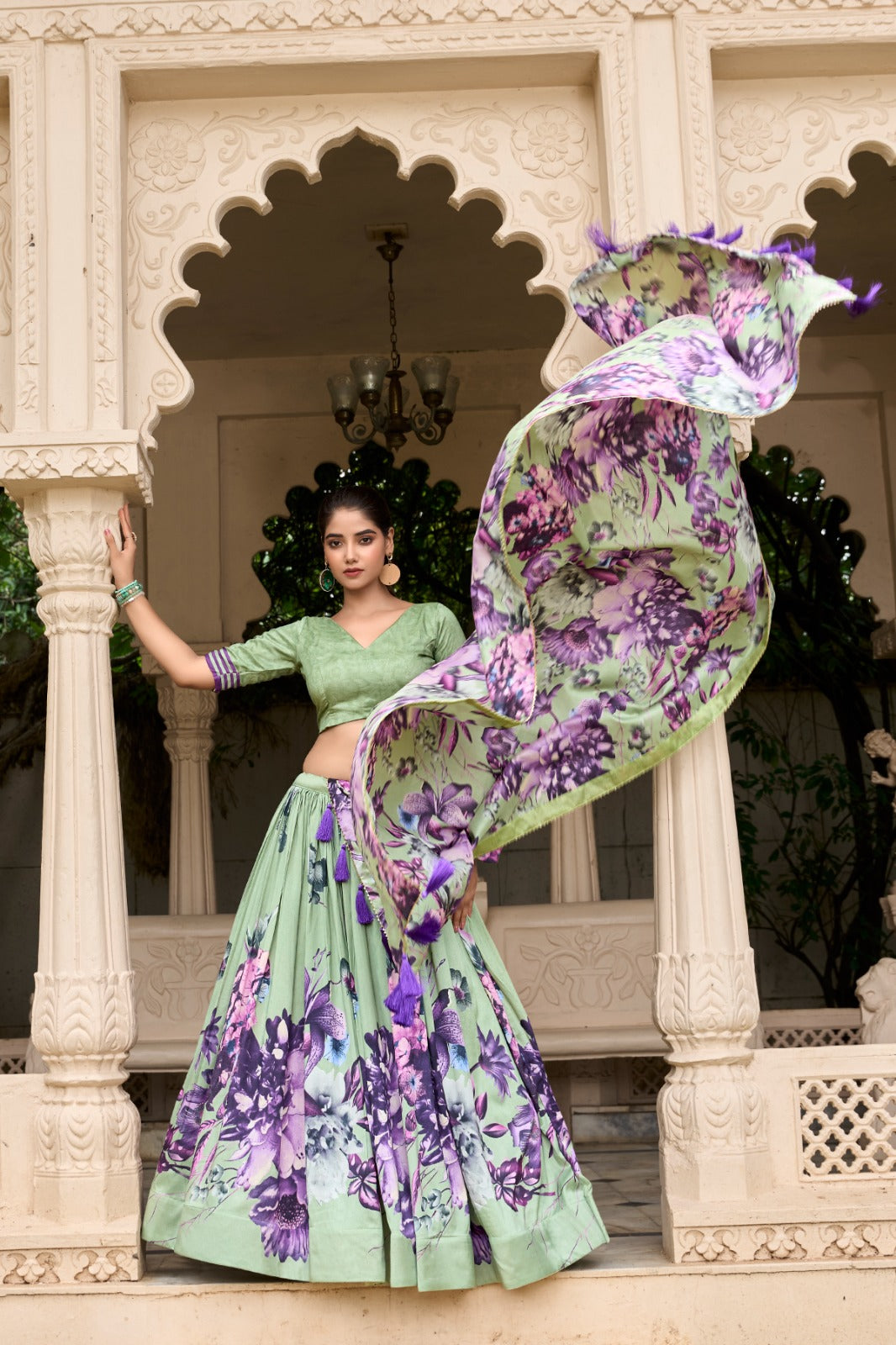 Lorenvalley Pista Tussar Silk Floral Print with Lace Touch Up Lehenga Choli - Distacart