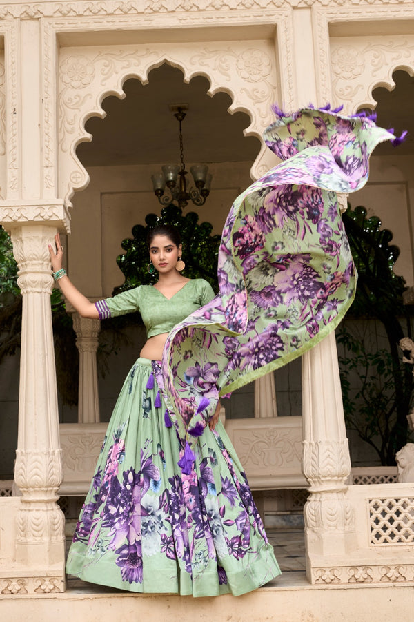 Lorenvalley Pista Tussar Silk Floral Print with Lace Touch Up Lehenga Choli - Distacart