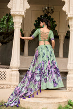 Thumbnail for Lorenvalley Pista Tussar Silk Floral Print with Lace Touch Up Lehenga Choli - Distacart