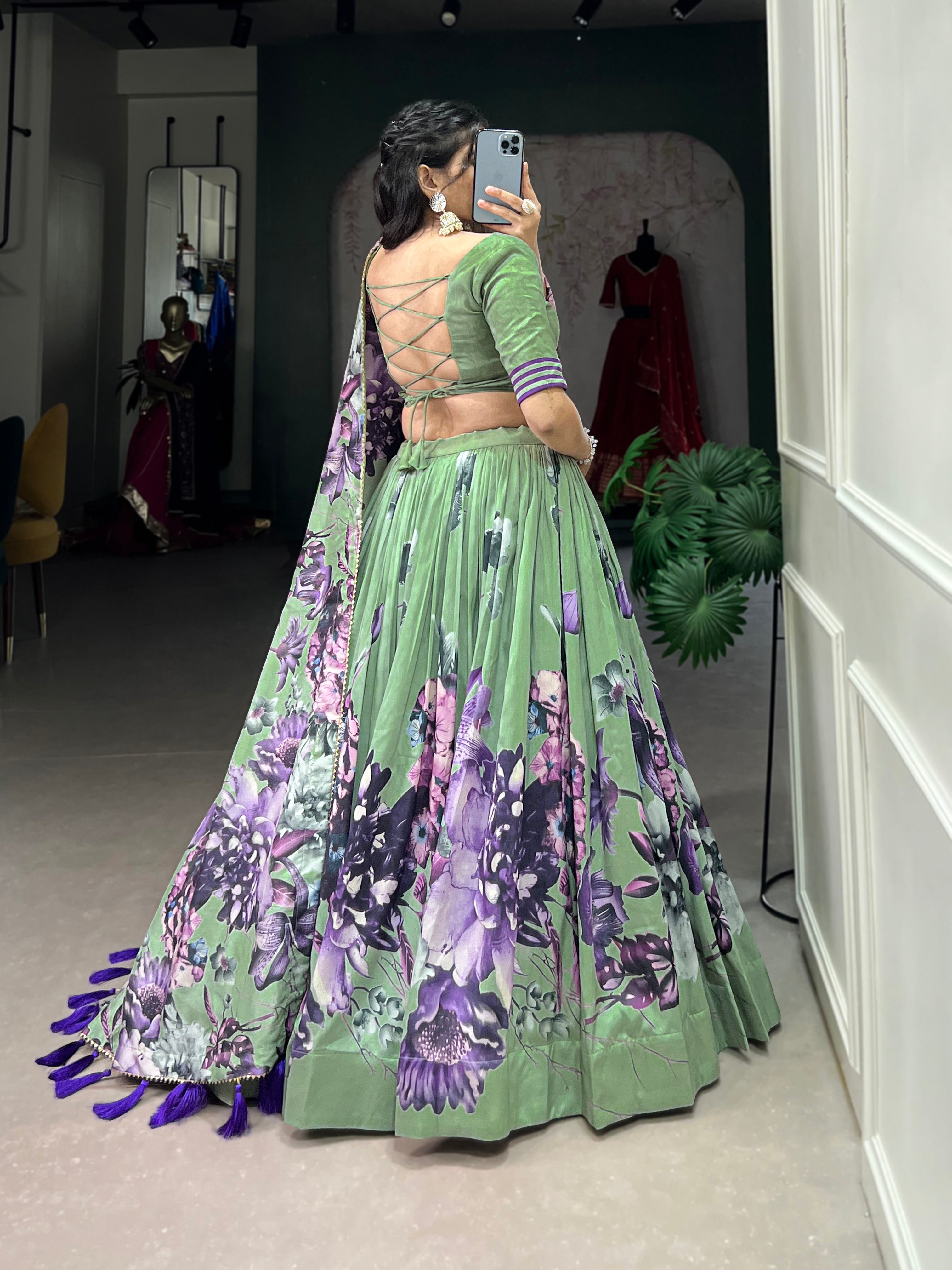 Lorenvalley Pista Tussar Silk Floral Print with Lace Touch Up Lehenga Choli - Distacart