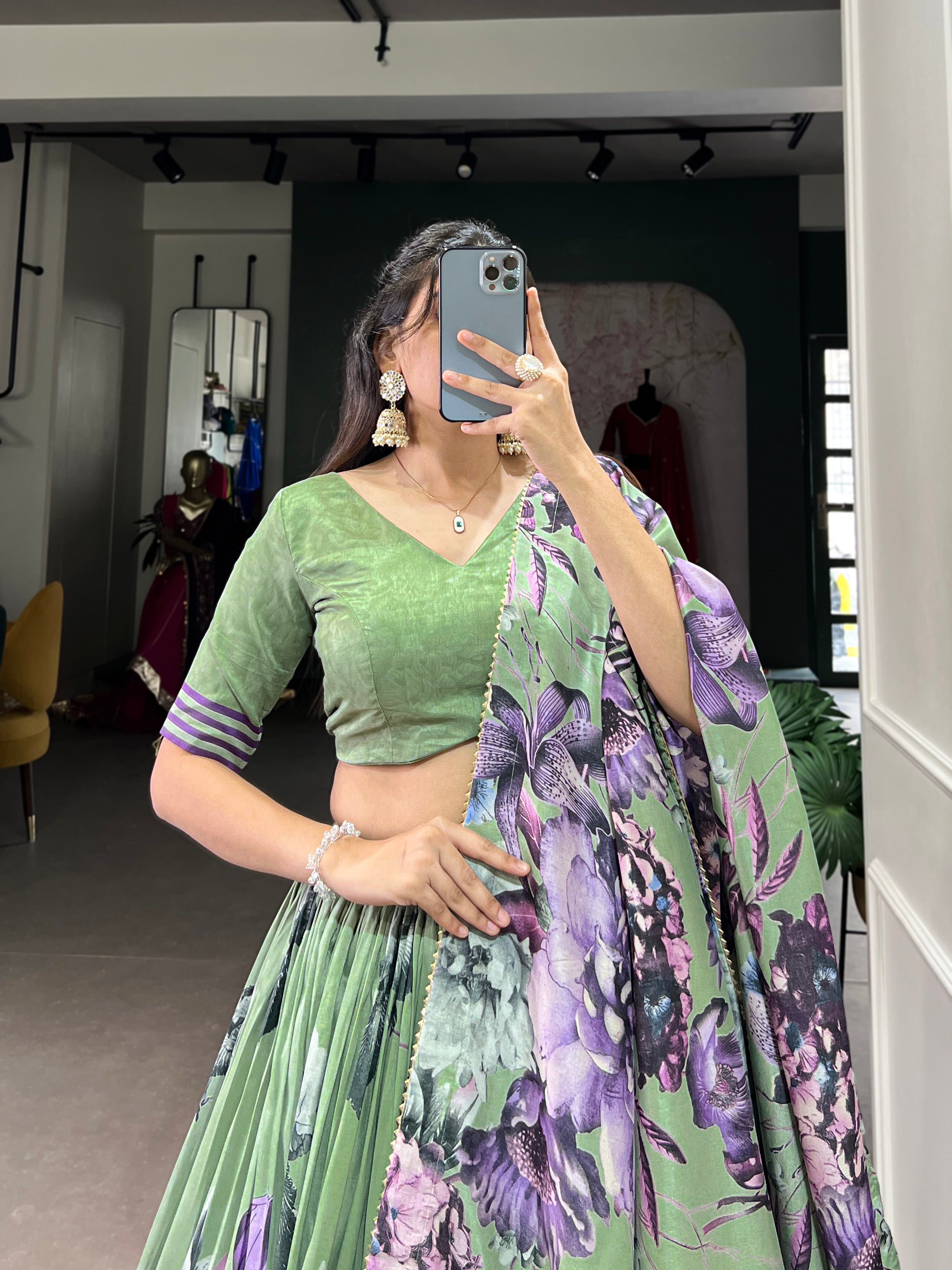 Lorenvalley Pista Tussar Silk Floral Print with Lace Touch Up Lehenga Choli - Distacart