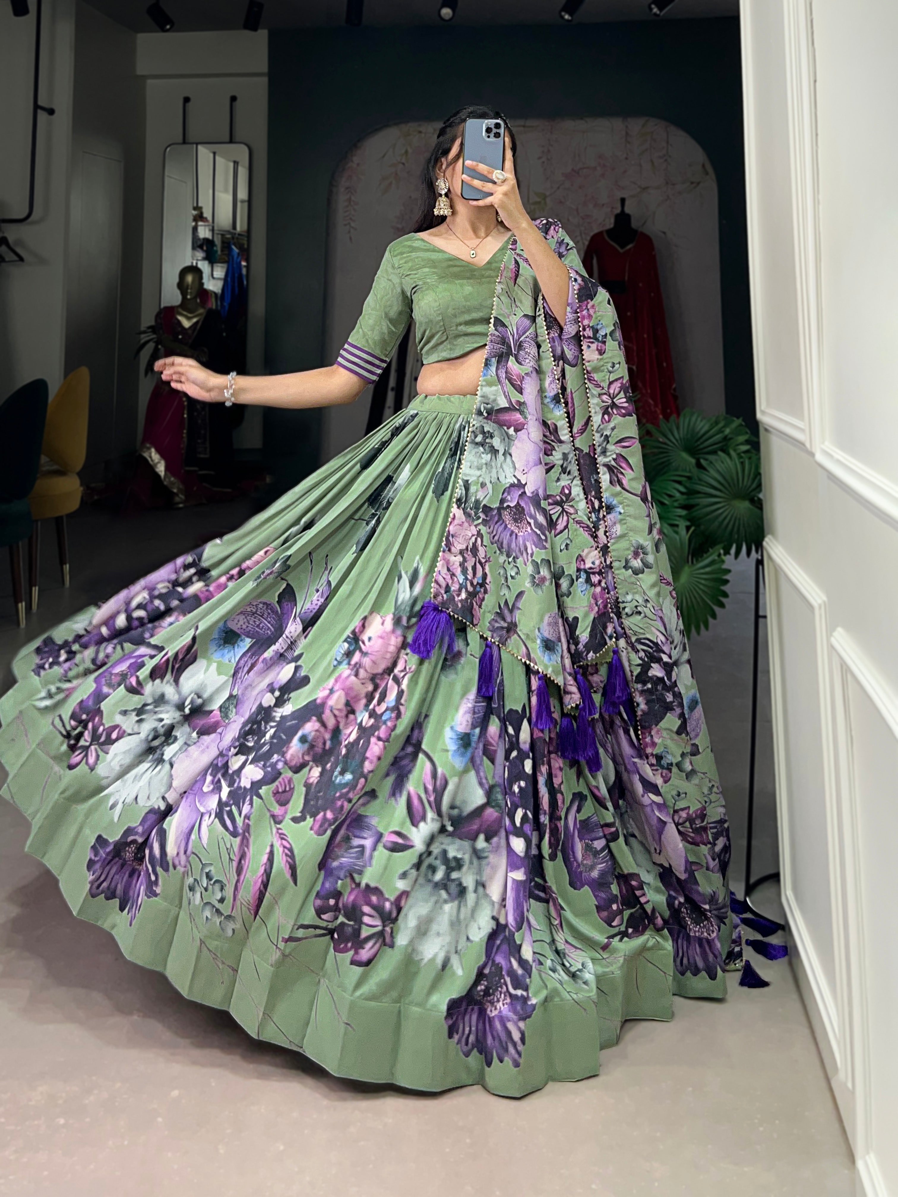 Lorenvalley Pista Tussar Silk Floral Print with Lace Touch Up Lehenga Choli - Distacart