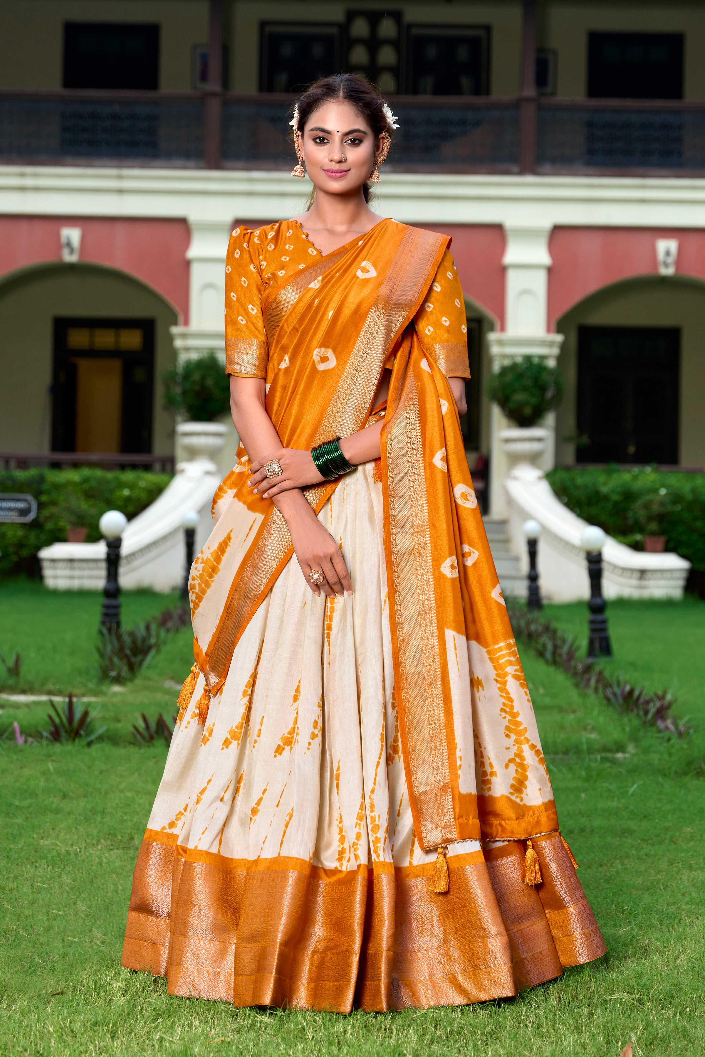 Lorenvalley Cream and Mustard Dola Silk Shibori Print With Zari Weaving Border Lehenga Choli - Distacart