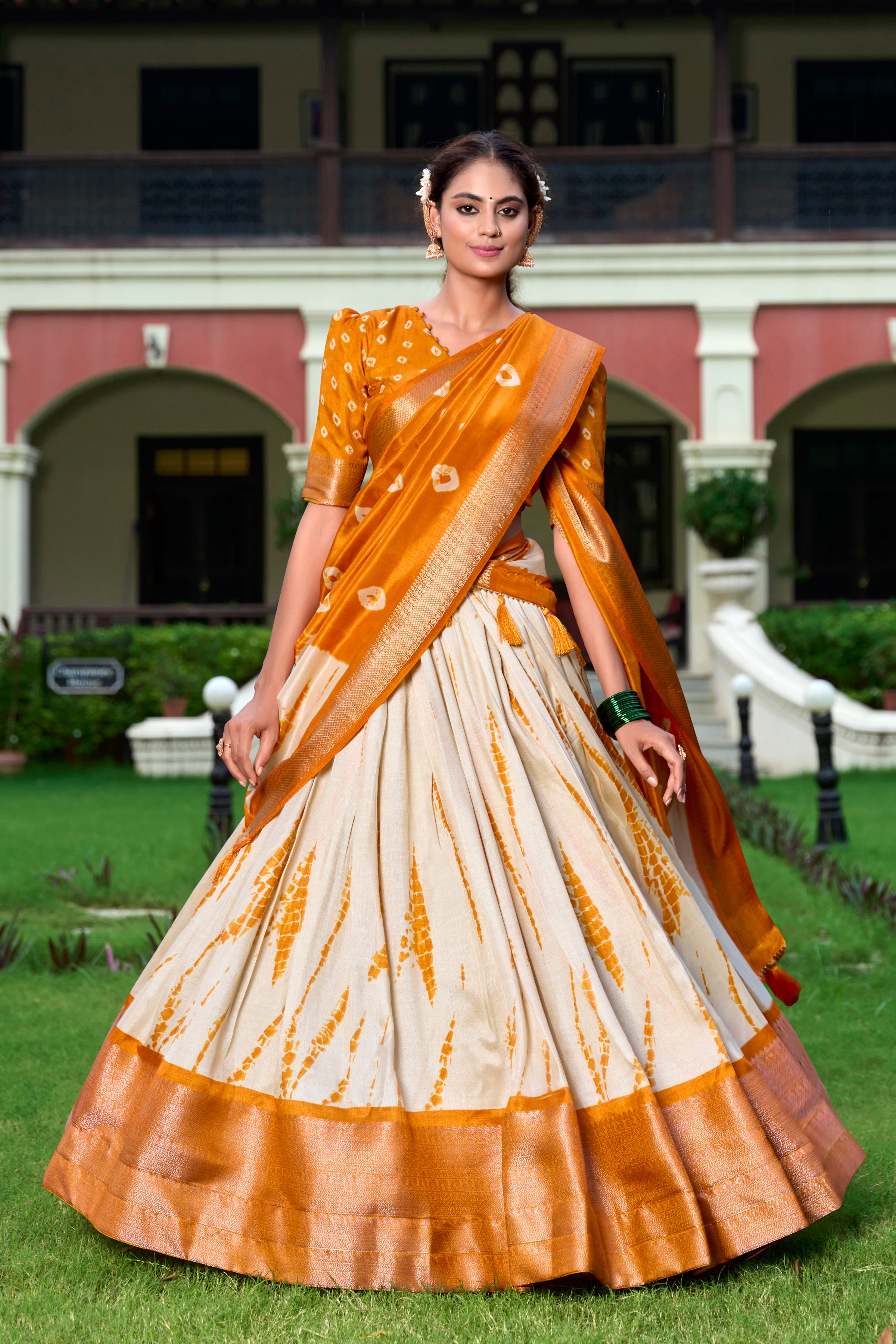 Lorenvalley Cream and Mustard Dola Silk Shibori Print With Zari Weaving Border Lehenga Choli - Distacart