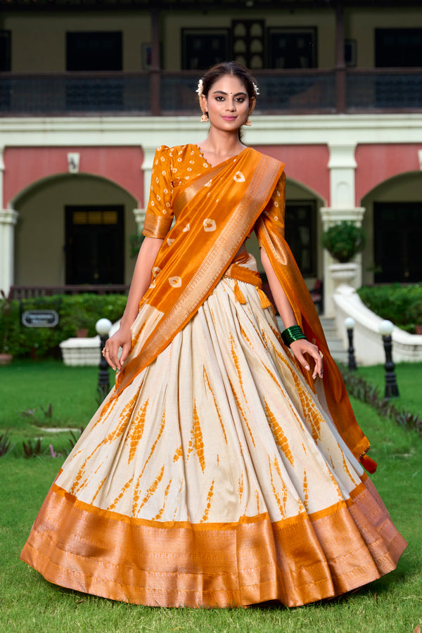 Lorenvalley Cream and Mustard Dola Silk Shibori Print With Zari Weaving Border Lehenga Choli - Distacart