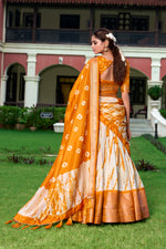 Thumbnail for Lorenvalley Cream and Mustard Dola Silk Shibori Print With Zari Weaving Border Lehenga Choli - Distacart
