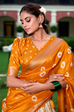 Thumbnail for Lorenvalley Cream and Mustard Dola Silk Shibori Print With Zari Weaving Border Lehenga Choli - Distacart