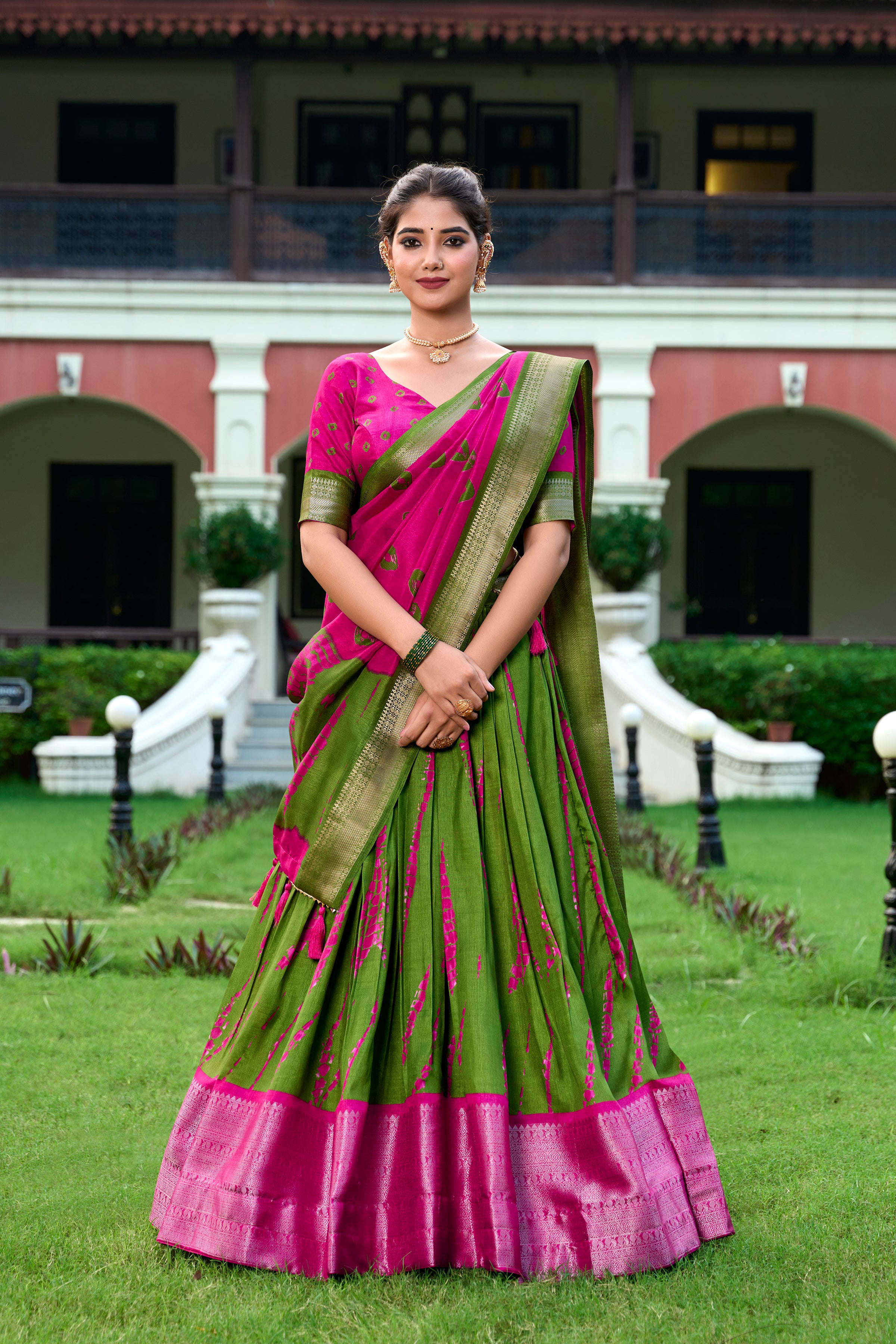 Lorenvalley Green and Pink Dola Silk Shibori Print With Zari Weaving Border Lehenga Choli - Distacart