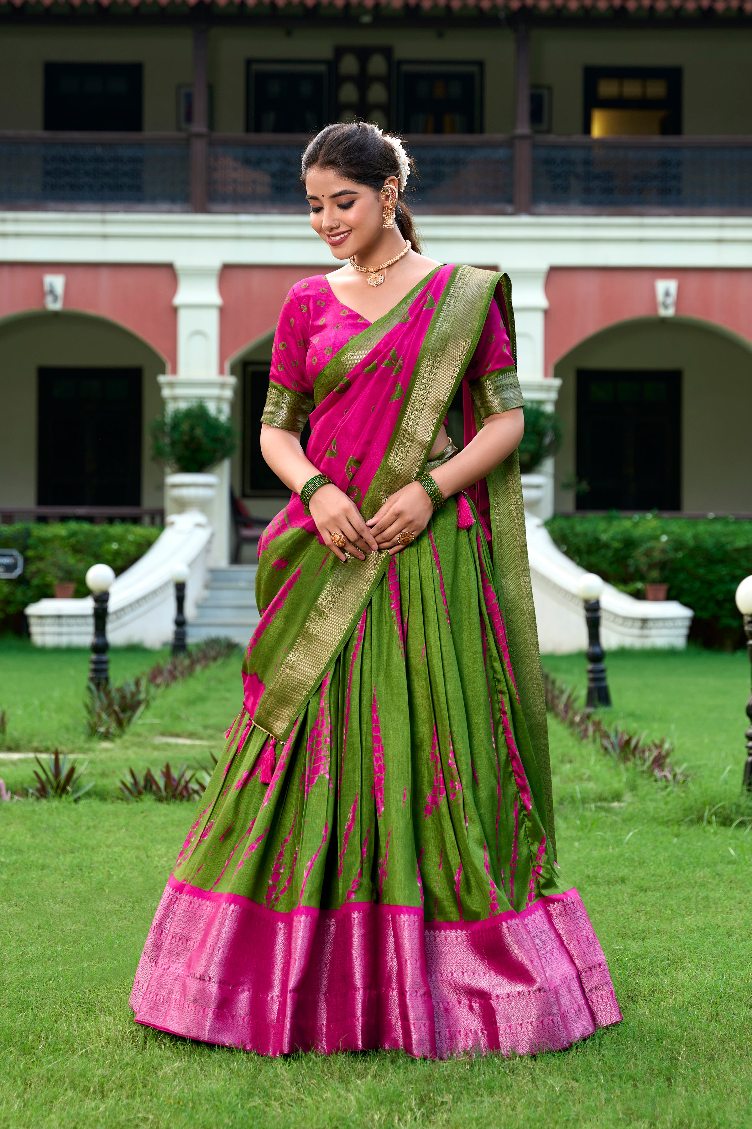 Lorenvalley Green and Pink Dola Silk Shibori Print With Zari Weaving Border Lehenga Choli - Distacart