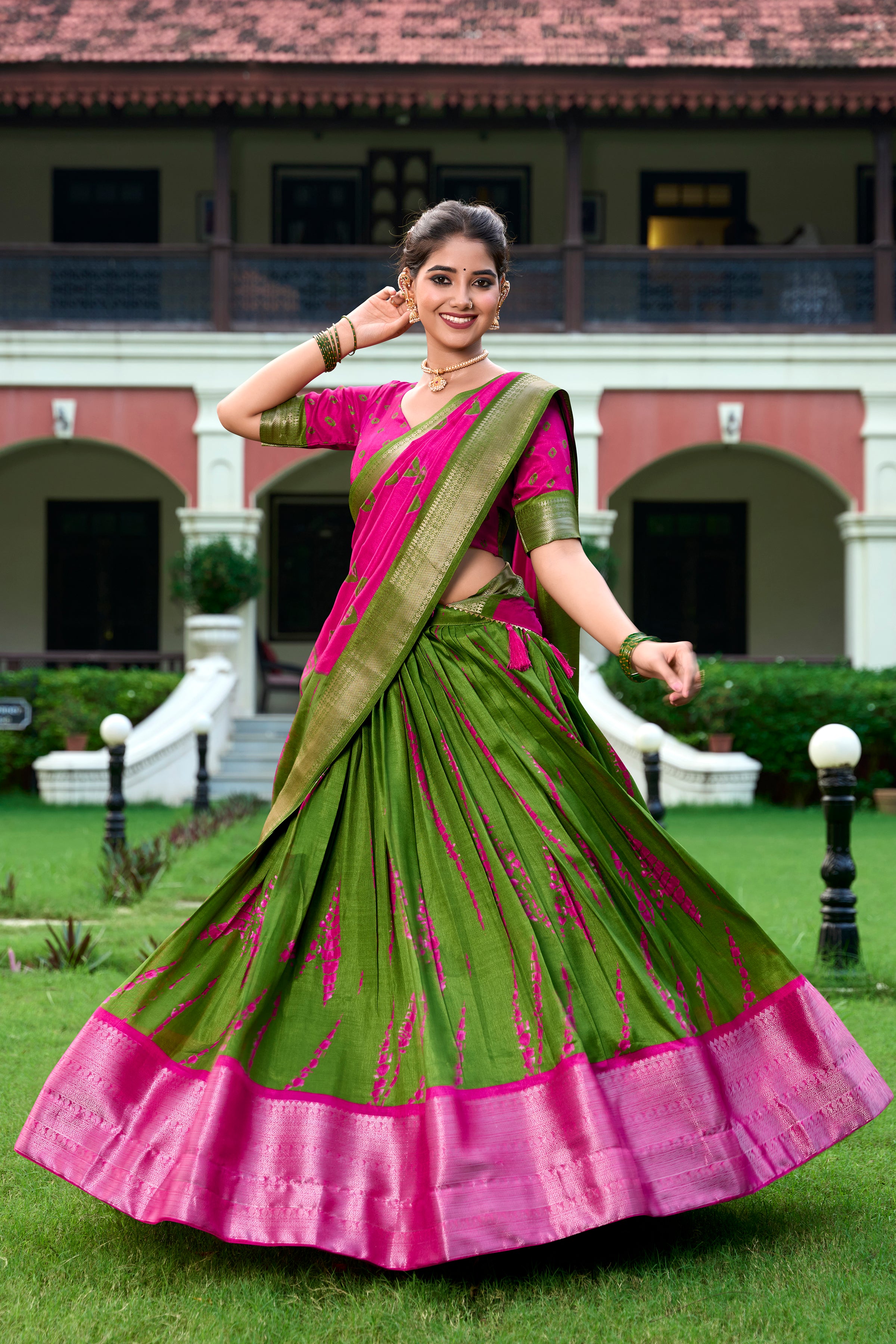 Lorenvalley Green and Pink Dola Silk Shibori Print With Zari Weaving Border Lehenga Choli - Distacart