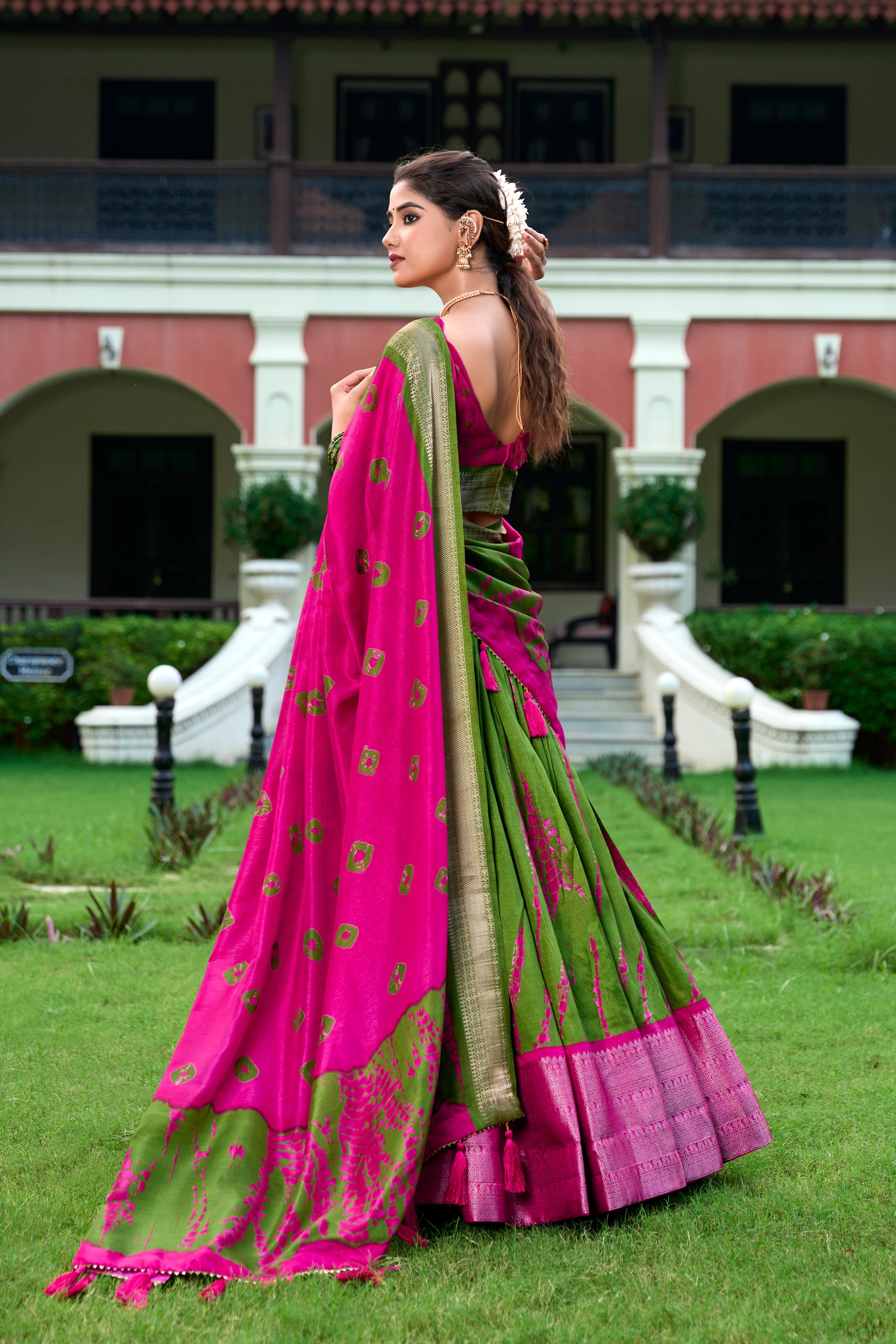 Lorenvalley Green and Pink Dola Silk Shibori Print With Zari Weaving Border Lehenga Choli - Distacart