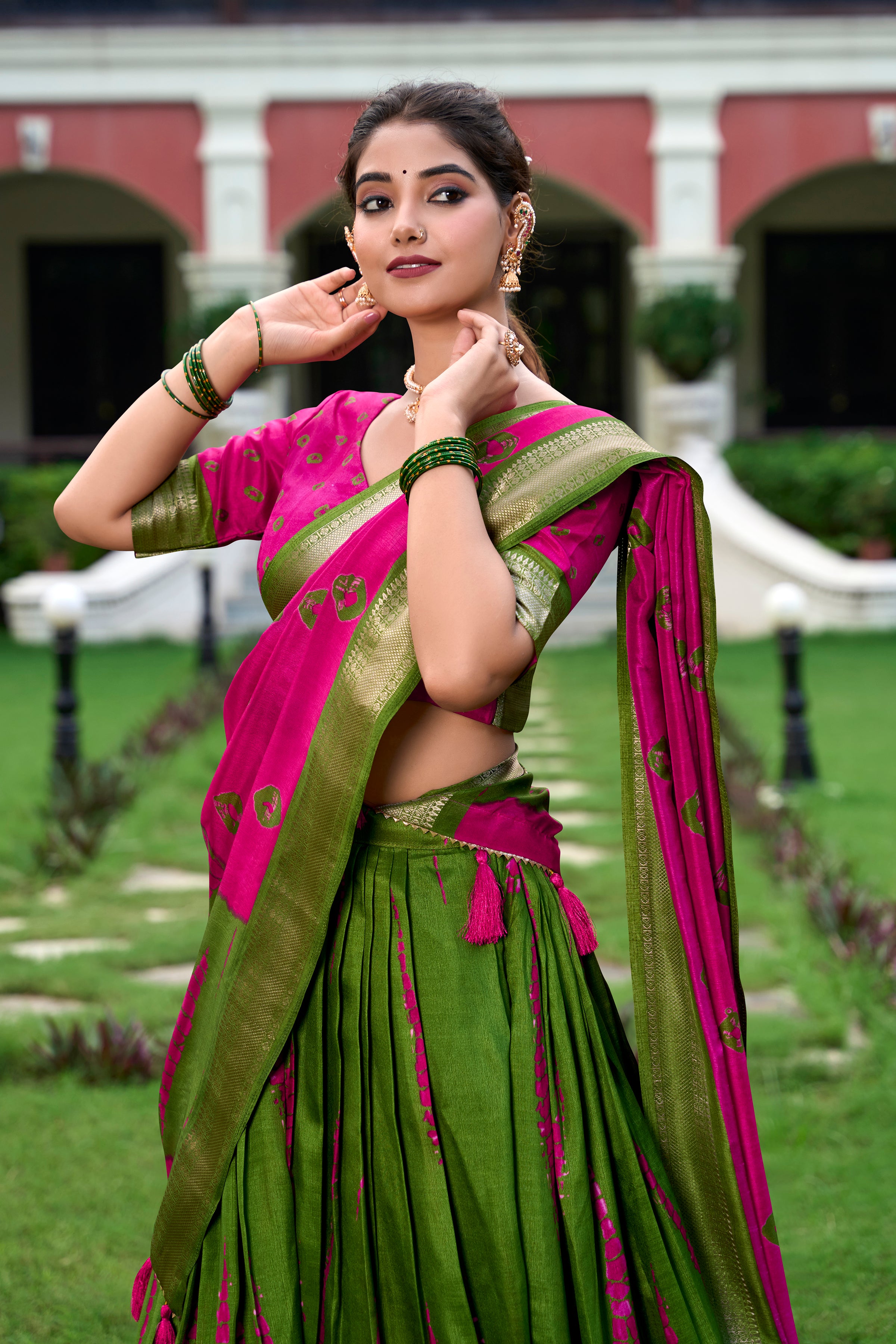 Lorenvalley Green and Pink Dola Silk Shibori Print With Zari Weaving Border Lehenga Choli - Distacart