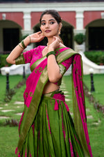 Thumbnail for Lorenvalley Green and Pink Dola Silk Shibori Print With Zari Weaving Border Lehenga Choli - Distacart