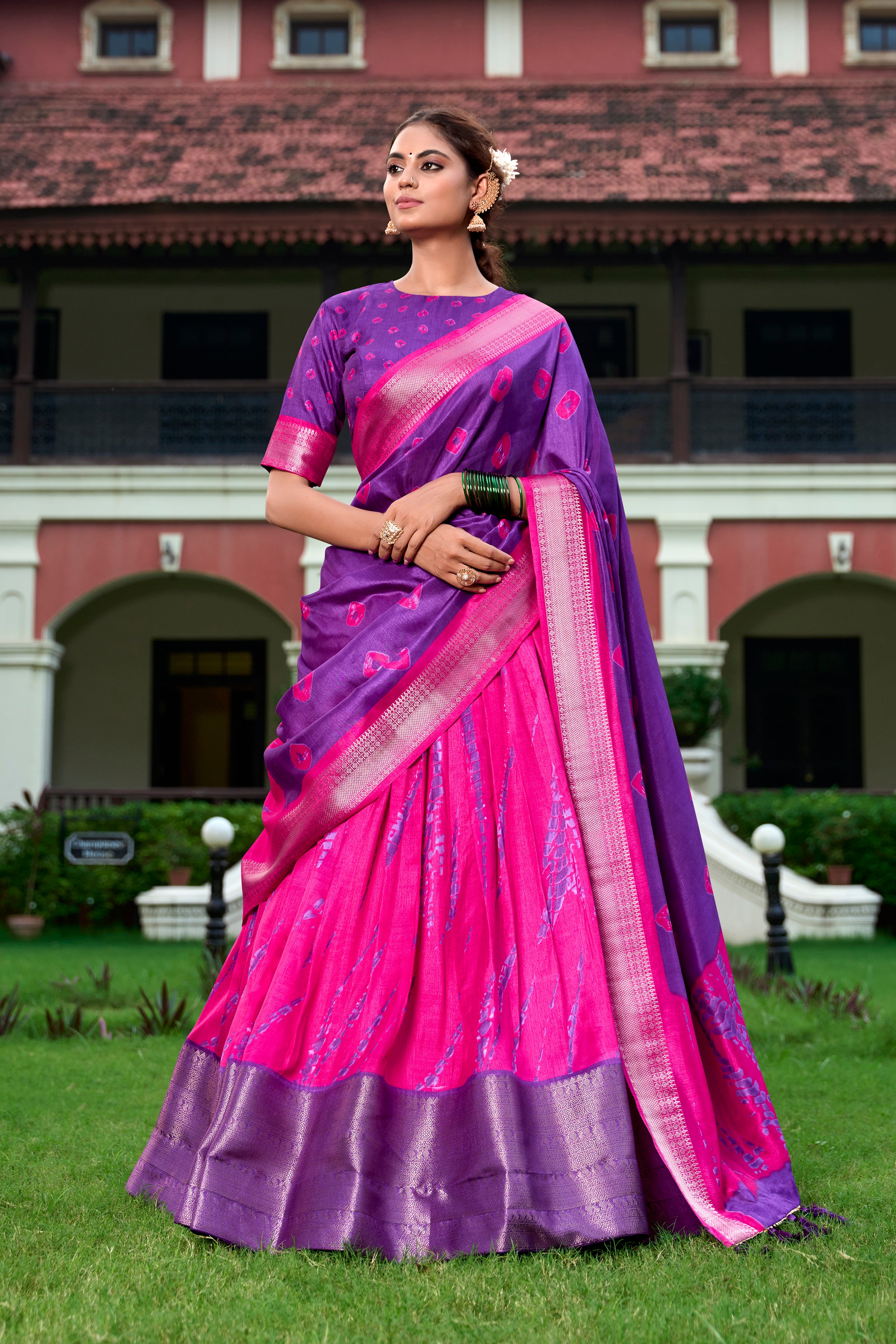 Lorenvalley Pink and Purple Dola Silk Shibori Print With Zari Weaving Border Lehenga Choli - Distacart