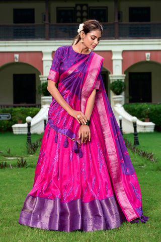 Lorenvalley Pink and Purple Dola Silk Shibori Print With Zari Weaving Border Lehenga Choli - Distacart