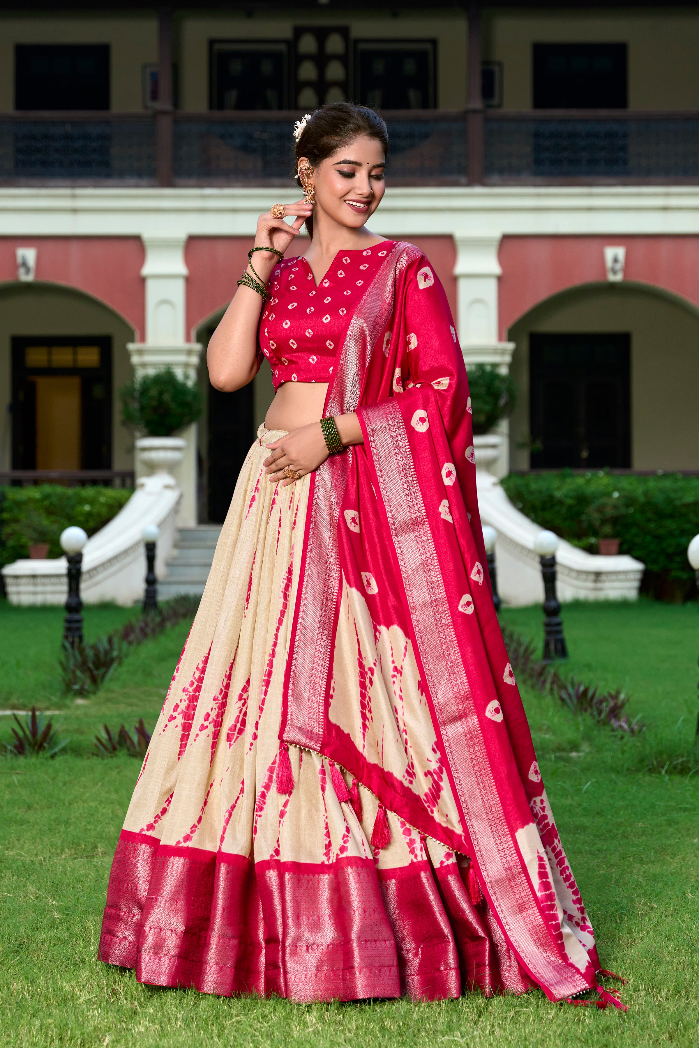 Lorenvalley Cream and Red Dola Silk Shibori Print With Zari Weaving Border Lehenga Choli - Distacart
