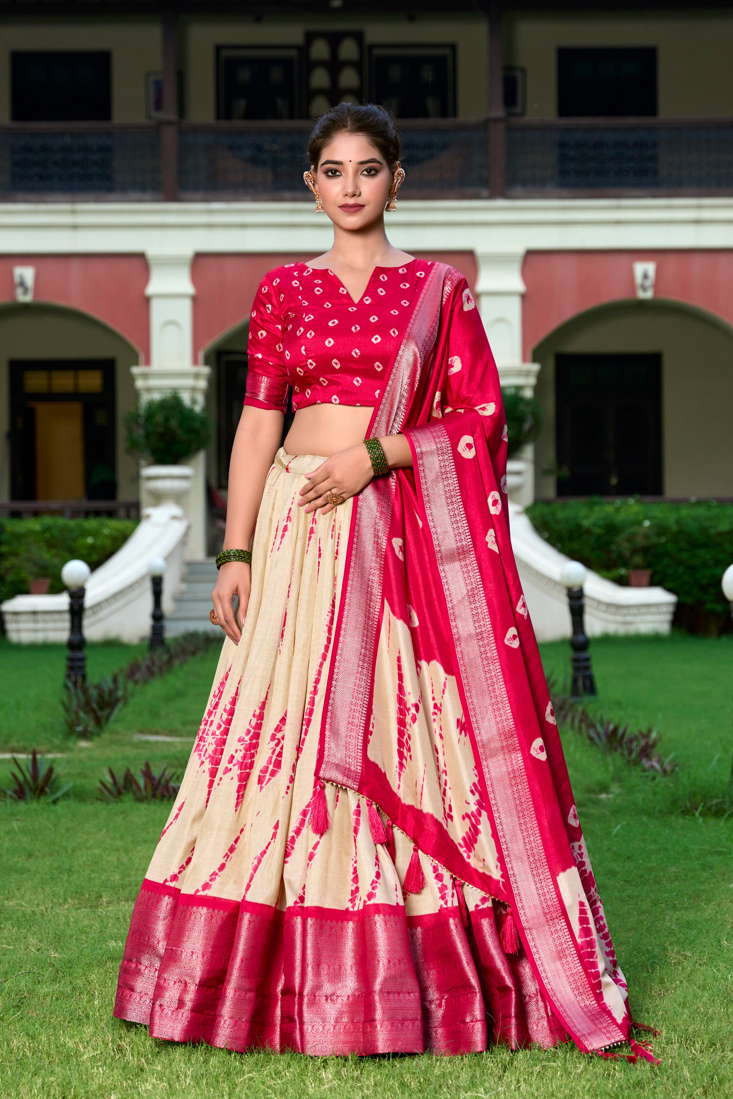 Lorenvalley Cream and Red Dola Silk Shibori Print With Zari Weaving Border Lehenga Choli - Distacart