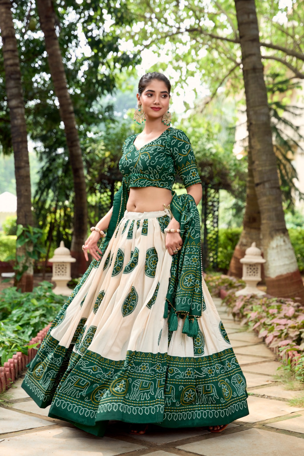 Lorenvalley Green Artistry in Tussar Silk with Bandhej Print Lehenga Choli - Distacart
