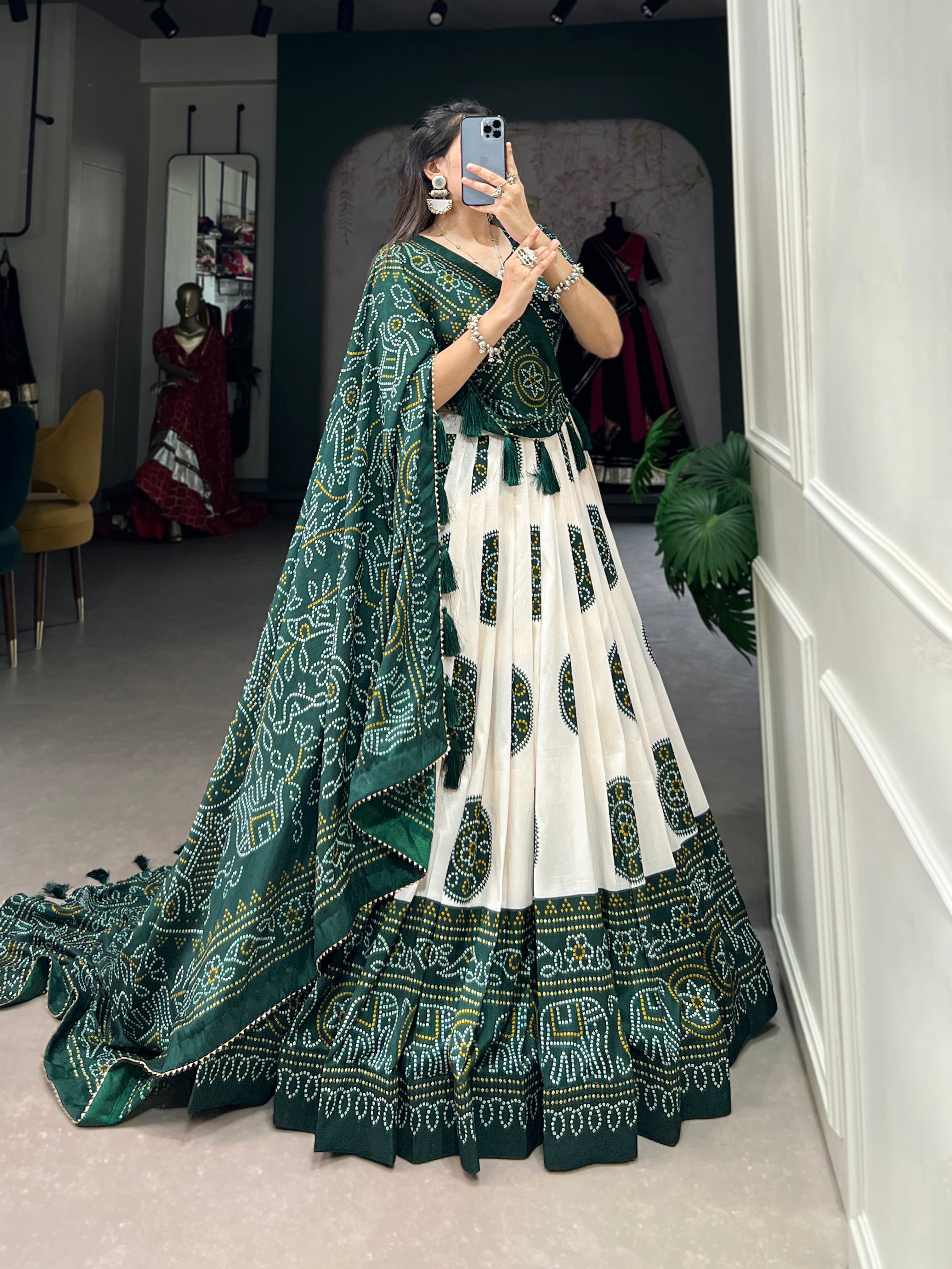 Lorenvalley Green Artistry in Tussar Silk with Bandhej Print Lehenga Choli - Distacart