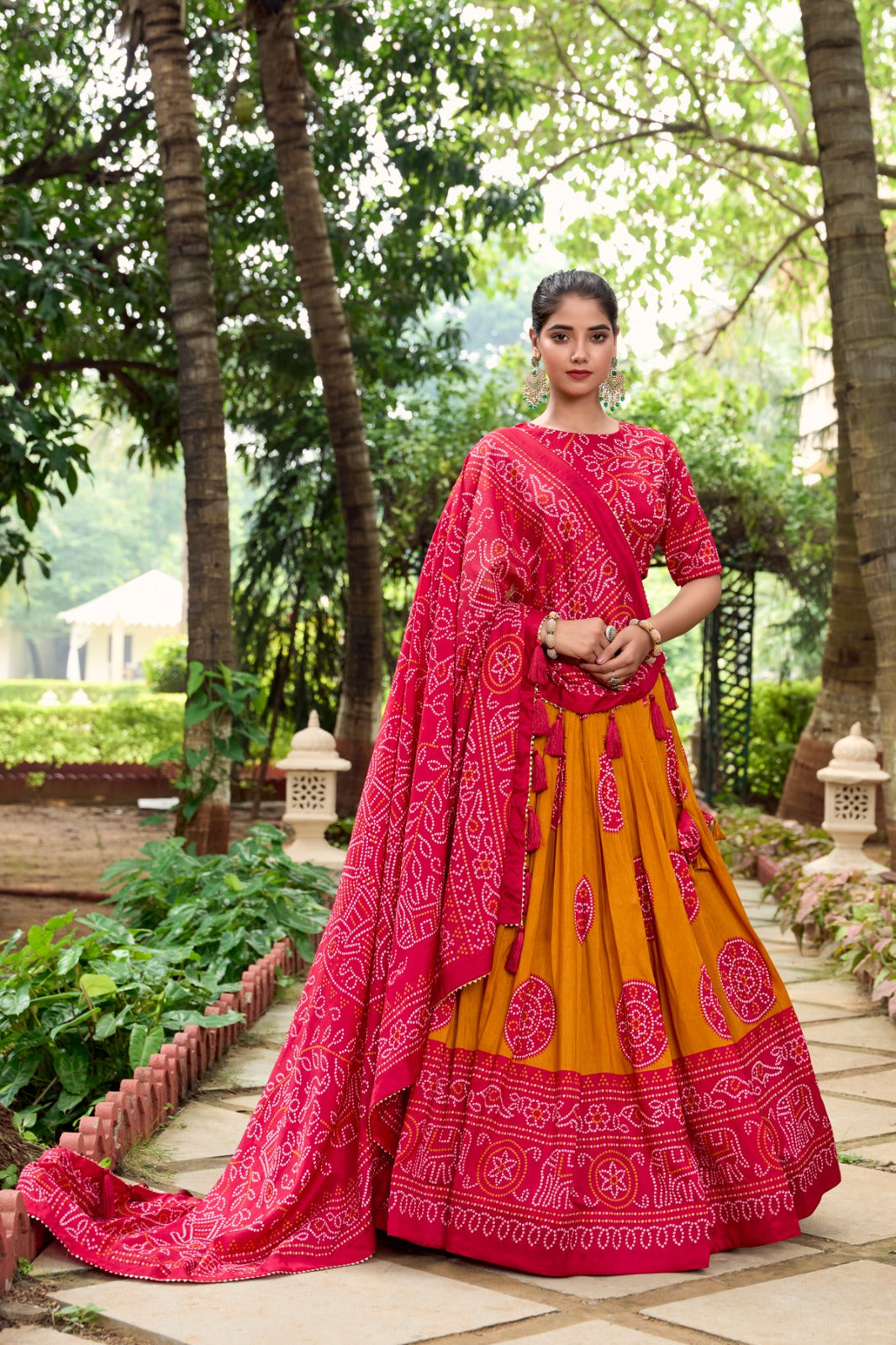 Lorenvalley Mustard Artistry in Tussar Silk with Bandhej Print Lehenga Choli - Distacart