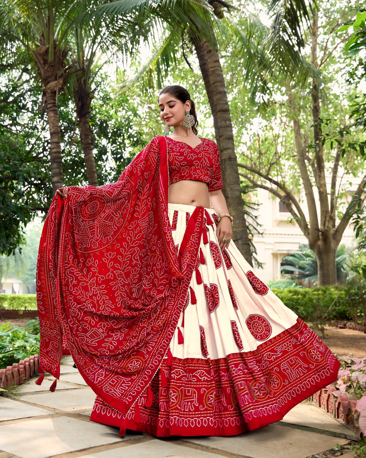 Lorenvalley Red Artistry in Tussar Silk with Bandhej Print Lehenga Choli - Distacart